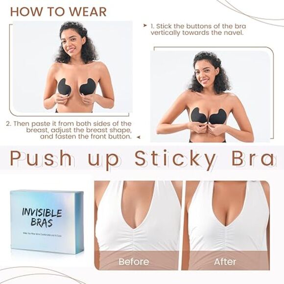 Sticky Bra Backless Strapless Invisible Push Up 2pc Reusable Nipple Cover Sz C - Picture 7 of 10